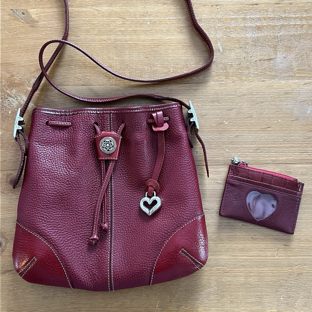 Brighton Red Leather Bucket Crossbody Bag Purse Matching Card Holder Heart Charm
